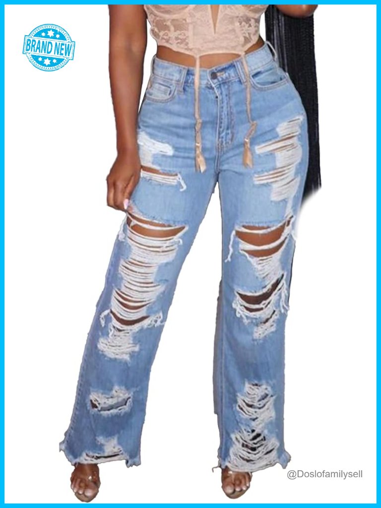 High Waist Straight Leg Ripped Raw Hem Baggy Loose Distressed Denim Jeans